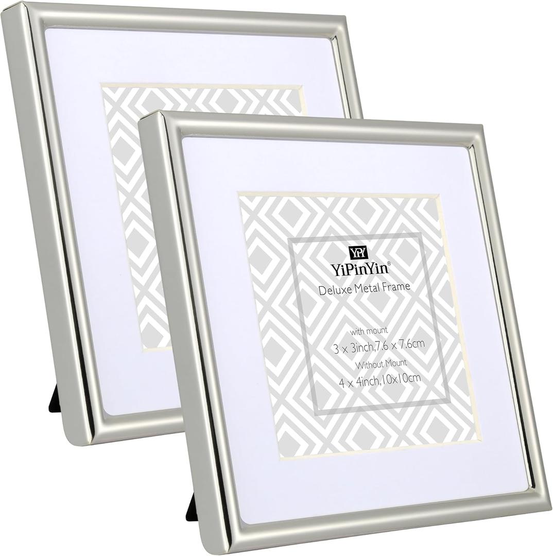 4x4'' Sqaure Simply Silver Metal Picture Frame With Mat for 3x 3'' Set of 2, Narrow Silver Plated metal Photo Frames 3x3'' With Soft Touch Velvet Backing for Desktop and Shelf display