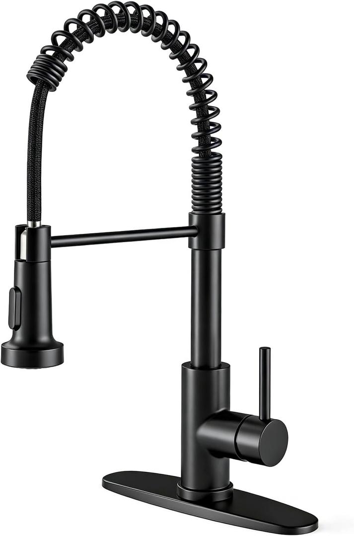 OWOFAN Black Kitchen Faucet with Pull Out Sprayer Stainless Steel Single Handle Spring Sink Faucets 1 Hole Or 3 Hole Dual Function for Farmhouse Camper Laundry Utility Rv Wet Bar