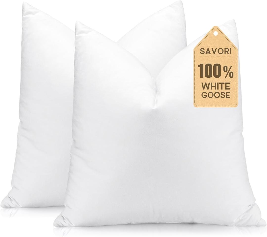 SAVORI Set of 2 Down and Feather Throw Pillow Inserts 26x26 Soft Fluffy Pillow Inserts with 100% Down-Proof Cotton Cover, Decorative Square Cushion Inner for Sofa Couch Bed-White