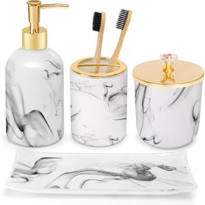 Haturi Bathroom Accessories Set, 4 Pcs Marble Look Sets Soap Dispenser & Toothbrush Holder Counter Top Restroom Apartment Decor Stuff, Glass Kits, Gift for Women and Men, Ink White
