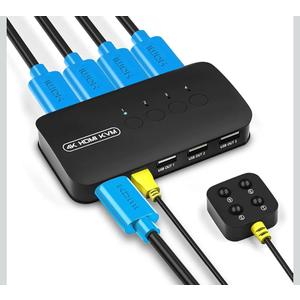 4K HDMI KVM Switch, 4 Port HDMI USB Switch for 4 Computer Share a 4K@30Hz Monitor and 3 USB Device Keyboard Mouse Printer, Including 4 KVM Cables