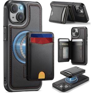 For iPhone 15 Plus Wallet Case Compatible with Magsafe, Magnetic RFID Blocking Card Holder Kickstand 2 in 1 Detachable Case for iPhone 15 Plus 6.7", Black