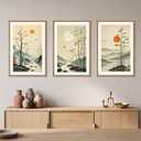 Chinoiserie Bamboo Forest Framed Canvas Wall Art Set, Nature Tree Lakes Wall Decor, Minimalist Zen Landscape Wall Painting, Watercolor Art Prints for Living Room, Bedroom, Office 16"X24"X3
