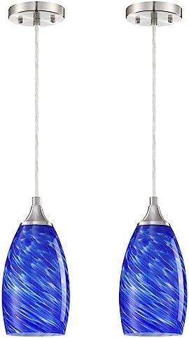 2 Pack Blue Glass Pendant Light Fixtures Small Hanging Kitchen Island Lighting Shade Farmhouse Hand Blow Lighting Fixture for Ceiling at Bar Dining Room Over Sink