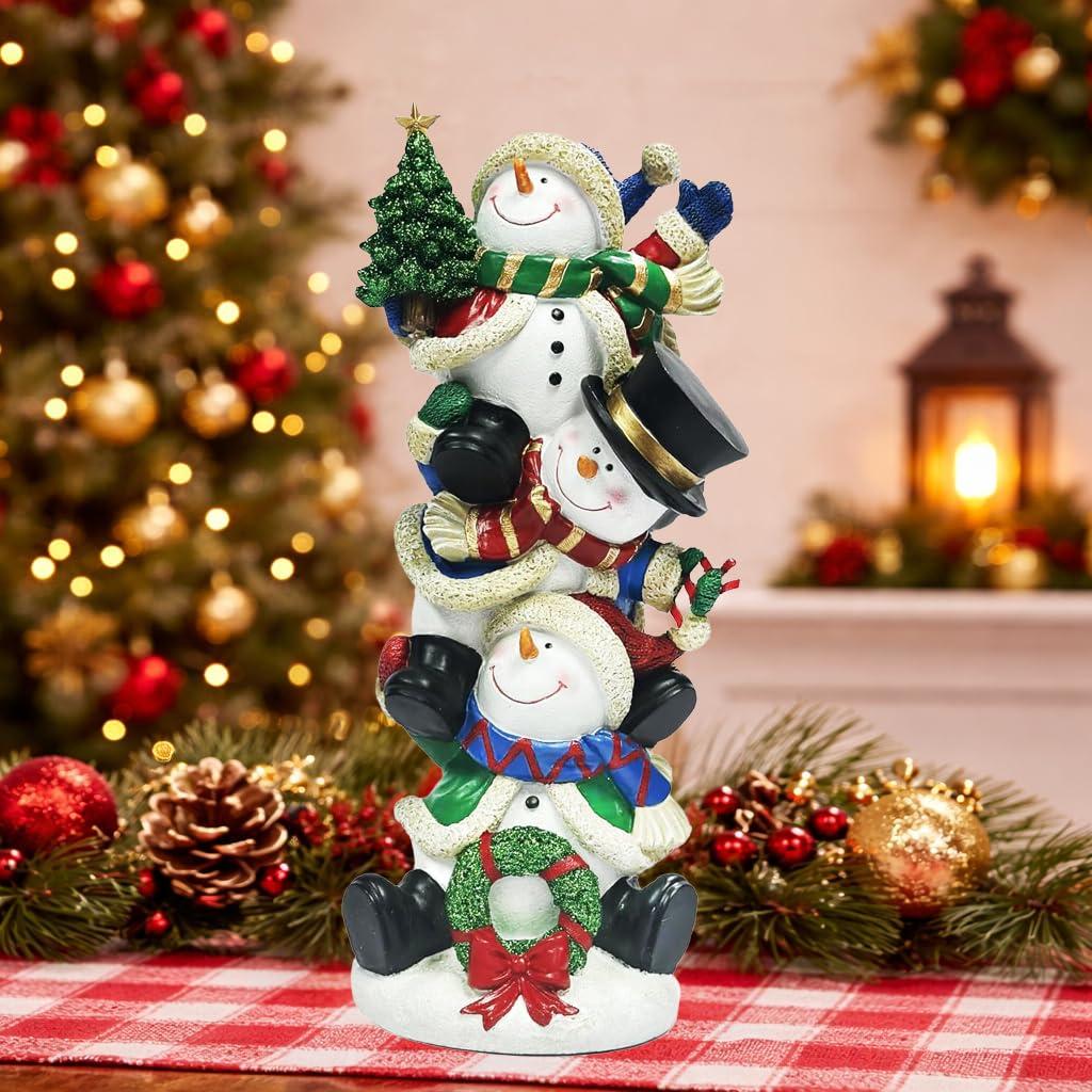 MOMENTS IN TIME Christmas Snowman Stack Statue Holiday Decor Hand-Painted 16.7”H Festive Winter Snowmen Figurine with Tree Candy Cane and Wreath Indoor Christmas Decoration