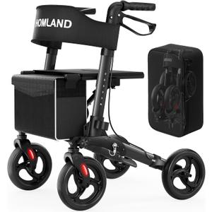 Foldable Walkers for Seniors with Seat, Height Adjustable Rollator Walker, 8" Big Wheels Rolling Walker for All Terrain, Aluminum Lightweight Walker. (Black)