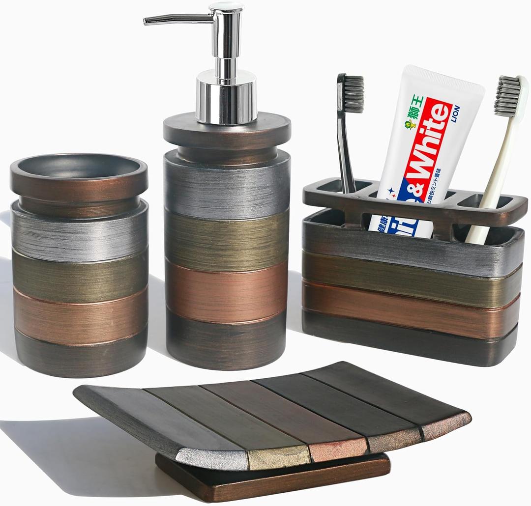 LUANT Bathroom Accessories Set Including Cup, Toothbrush Holders, Soap Dishes and Soap Dispenser, Brown (4PCS-Grey)