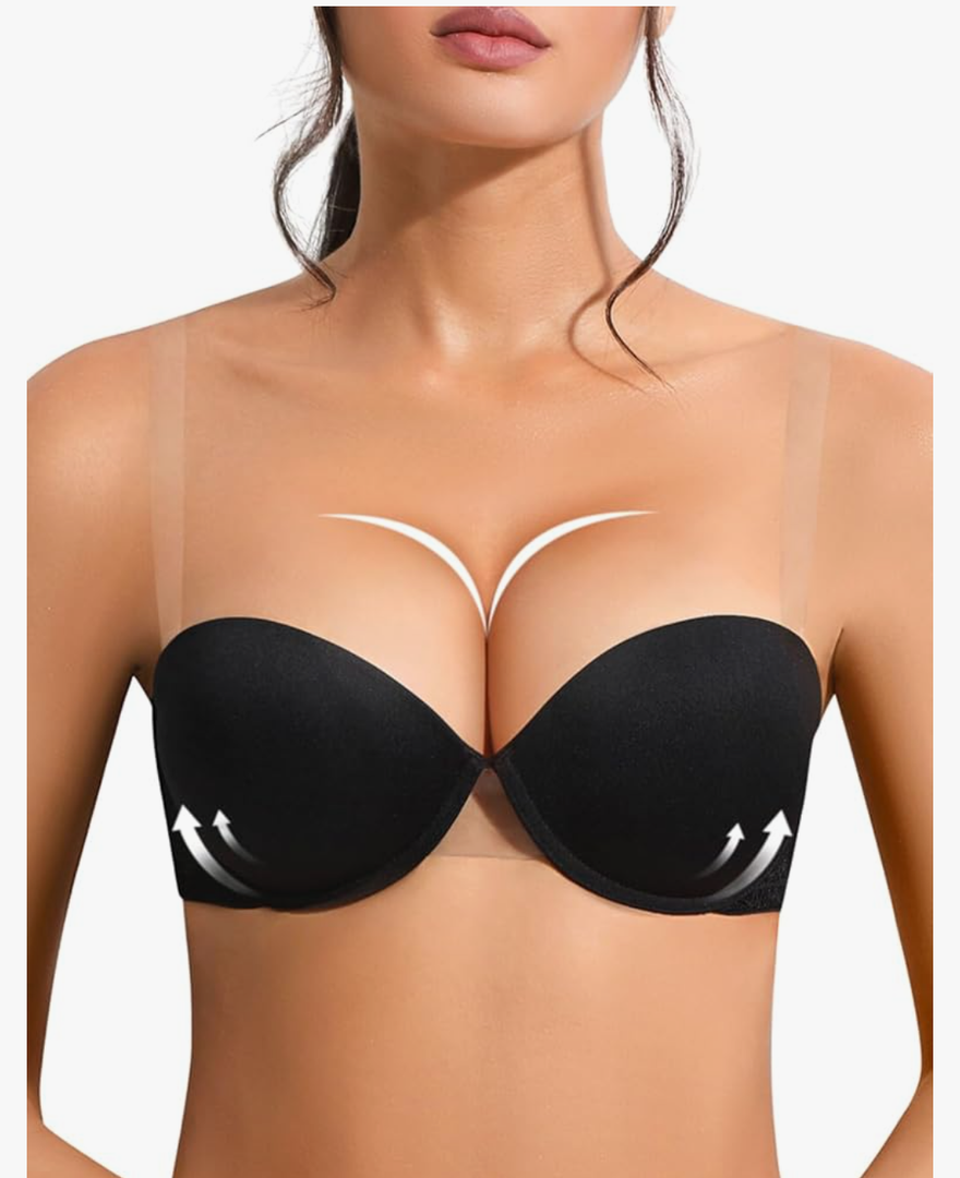 Strapless Push Up Bra with Clear Straps for Women, Thick Padded Underwire Convertible Bras Add One Cup 36 C