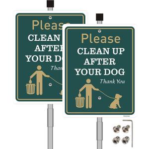2 Pack 10 x 12" Clean Up After Your Dog Signs with Metal Stakes, Reflective Aluminum Please Pick Up After Your Dog Sign for Yard, No Pooping Dogs Signage, Rust Free UV Protection Weatherproof