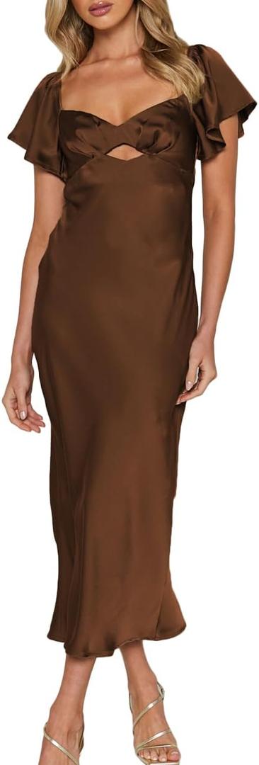 Summer Satin Flutter Sleeve Wedding Guest Dresses for Women Sweetheart Neckline Cutout Tie Back Midi Cocktail Dress, Medium 