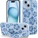 Fiyart Designed for iPhone 15 Case Cute Flowers with Strap Soft TPU Phone Cover Protective Camera Lens Protection for Women Men Floral Bumper with Stand 6.1"-Blue