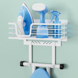 KES 90lb Heavy-Load Ironing Board Hanger Wall Mount, One-Piece Metal Frame Ironing Board Holder with T&V Shaped Hooks, Extra Large Storage Basket, No Breaking Sturdy Screws Included, White, HIR502-WH