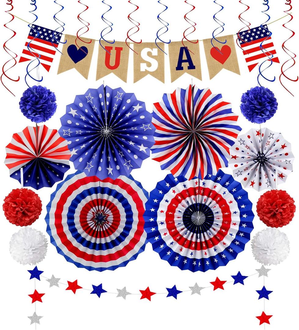 26Pcs Patriotic Decorations 4th of July Decorations LOVE USA Banner Red White Blue Paper Fans Star Streamer Pom Poms Hanging Swirls for Veterans Labor Presidents Flag Memorial Day