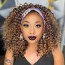 Aisaide Blonde Curly Headband Wig 12 Inch Kinky Ombre Brown Mixd Blonde Highlighted Headband Wigs for Women Short Glueless No Lace Deep Curly Half Hair Wigs