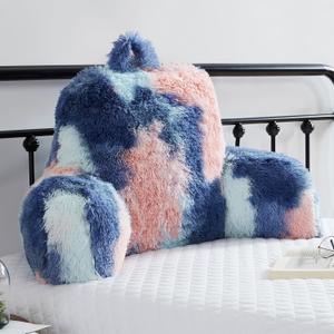 Fluffy Fur Reading Pillow for Adults & Kids Unisize, Stylish Back Pillow for Bed Sitting Up, Bed Chair Pillow with Arms, Adorable Gift for Teens, Bed Rest Sit Up Back Support Pillow (Coral & Azure)