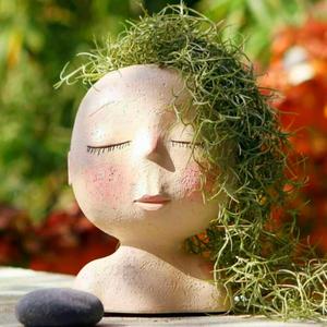 Cute Girl Head Succulent Planter, Face Planter Flower Pot with Drainage Hole for Indoor Outdoor Decor (Ivory C)