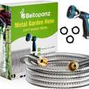 Beitopamz Garden Hose 25 ft, Stainless Steel Metal Water Hose with Nozzle, Flexible and Durable, Rust Proof, No-Kink, Heavy Duty, Leakproof 3/4'' Brass Fittings, Lightweight Hose for Patio, Lawn