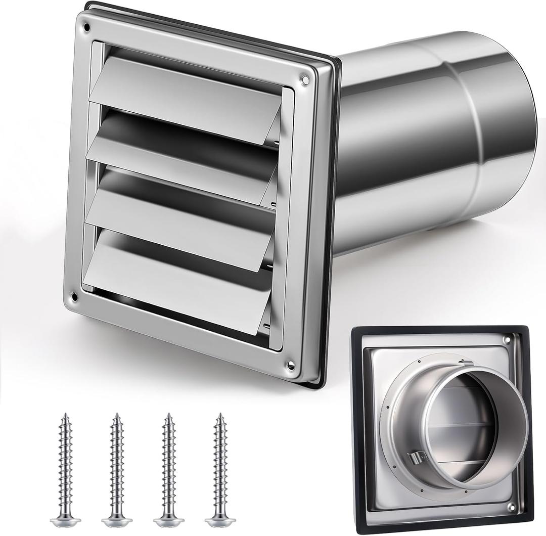 Shimeyao 4" Wall Vent Cover Stainless Steel Outside Dryer Vent Covers for House Exhaust Duct Kit with Removable Extension Pipe 8 Inch and 4 Screw for House Outdoor Extended Air Pipe, Silver