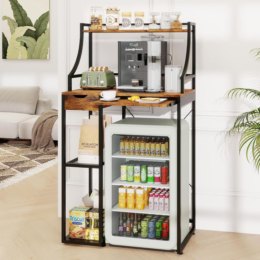 PUNCIA Coffee Bar Cabinet with Mini Fridge Space, Beverage Station with Drawer & Pull-Out Tray, Compact Mini Fridge Stand with Adjustable Storage Shelves for Dorm, Apartment, Kitchen & Office (Retro)