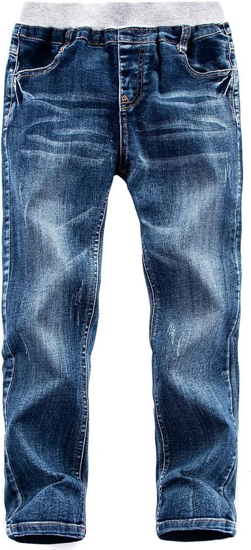 Boys' Denim Jeans, Ribbed Elastic Waist Cotton Pants for Kids (Blue, S)