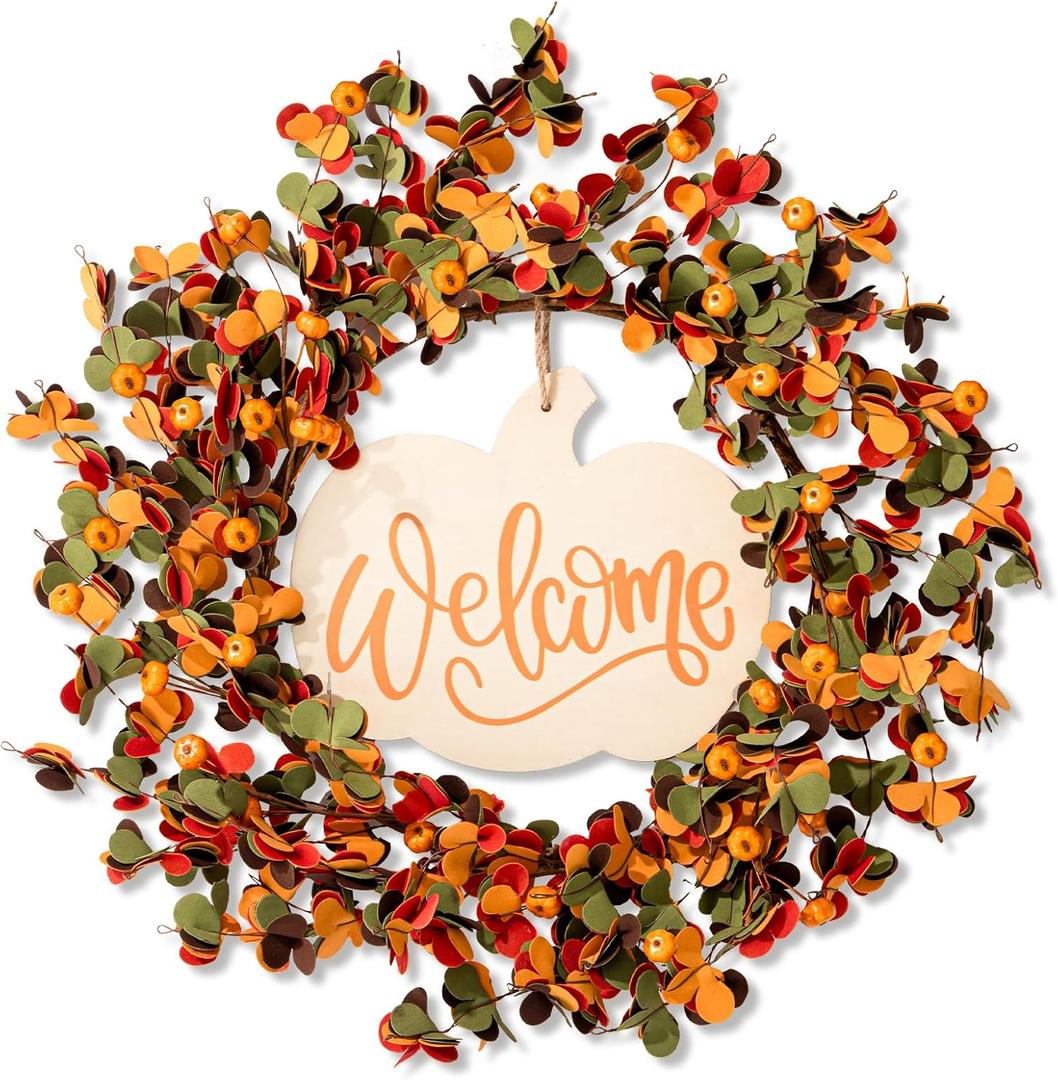 Fall Wreath for Front Door 20 inch, Autumn Artificial Wreath with Vibrant Leaves, Mini Pumpkin Berries & Pumpkin Wooden Welcome Sign for Front Door, Fall Decorations for Home Indoor & Outdoor