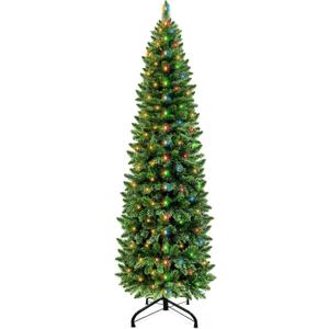 TURNMEON Dual Color Change 6.5 Ft Prelit Pencil Christmas Tree 8 Modes Timer Warm White & Multicolor Lights 826 Thick Branch Artificial Slim Xmas Tree Christmas Decorations Indoor Outdoor Home Holiday