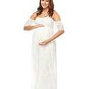 JustVH Maternity Off Shoulder Ruffle Sleeve Lace Wedding Gown Maxi Photography Dress for Photo Shoot Dress White, Large