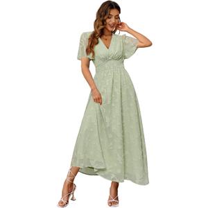 Simplee Women's Boho Floral Maxi Dress Flowy Casual V Neck Short Sleeve Wedding Guest Holiday Beach Long Dress (Green, L)