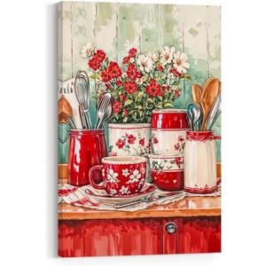 CCWORKERRY Retro Kitchen Wall Art Knife and Fork Picture Tableware Canvas Prints Red and White Flower Painting Farmhouse Restaurant Wall Decor Framed(Red,12L x 18W)