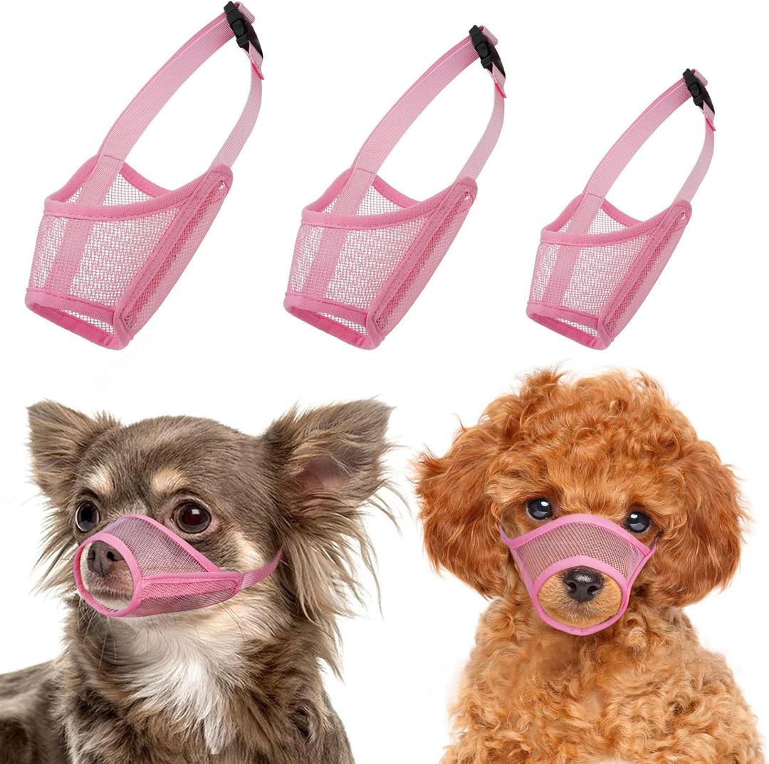 LUCKYPAW Dog Muzzle Suits for Small Medium Large Dogs, Mesh Muzzle Anti Biting Chewing, Breathable Mouth Cover Set with Adjustable Strap for Grooming Vet Visiting Training (Small 3 PCS(XXS-S), Pink)