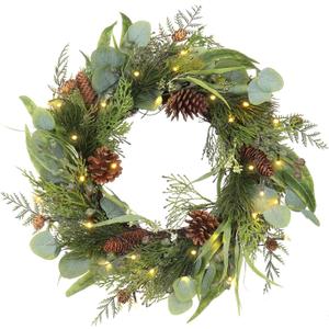 Pre Lit Christmas Wreath for Front Door Lighted Green Wreath Decorated with Pine Cones,Berry Clusters, Abundant Fit Branches 18 Christmas Wreaths for Windows Winter Wreath Hanging Wall Decor (18" Battery Powered #01)