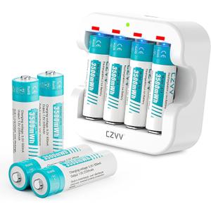 Rechargeable AA 1.5V Lithium Batteries 8-Pack, Full-Recharged Long-Lasting 3500mWh High-Capacity 2300+mAh Dual A with Fast Charger Combo for High-Tech Devices, Blink Cameras, Cycle Times 1300x
, Pack of 2