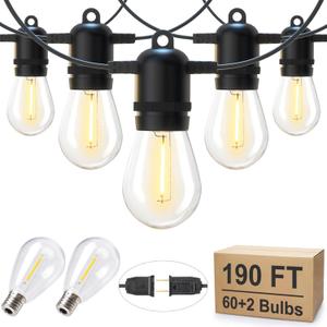 190FT Outdoor String Lights for Patio with 62 Shatterproof S14 Vintage Edison Bulbs, Waterproof Outside Hanging Lights for Backyard Deck Garden Party Xmas Decor, 2700K (Jet Black)