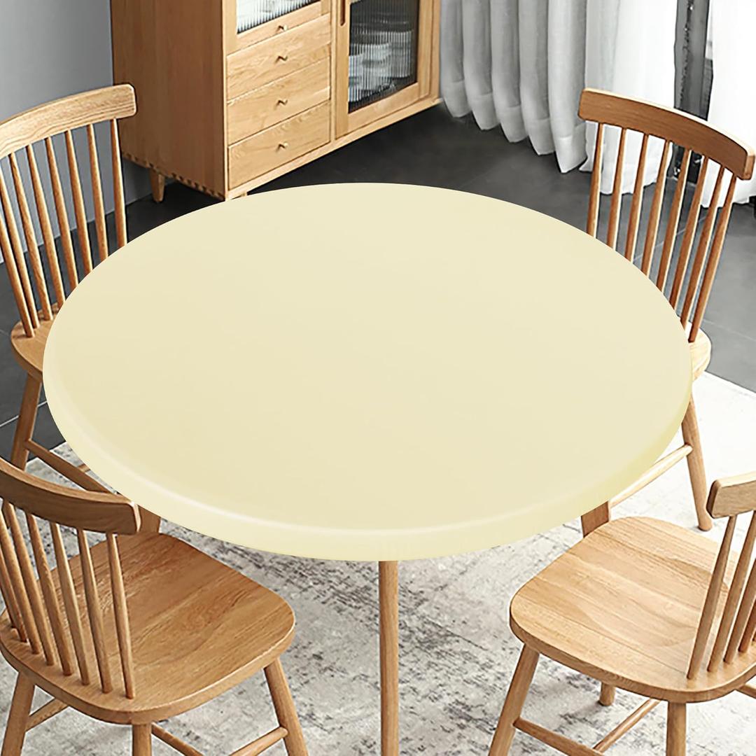 Obstal Fitted Round Table Cloth, Reversible Waterproof Stain Resistant Elastic Stretch Tablecloth, Wipe Clean Table Cover for Outdoor/Indoor Use, Fits Round Tables up to 40" - 44" Diameter, Cream