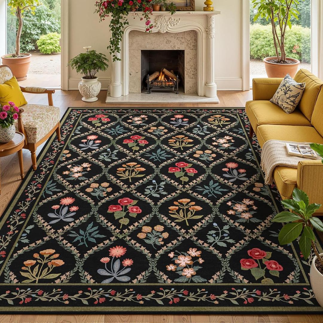 5x7 Black Washable Floral Area Rug, Vintage Boho Soft Low-Pile Living Room Rugs, Stain Resistant Botanical Non-Slip Carpet for Bedroom, Dining Room, Kids Nursery, Office, Home Decor