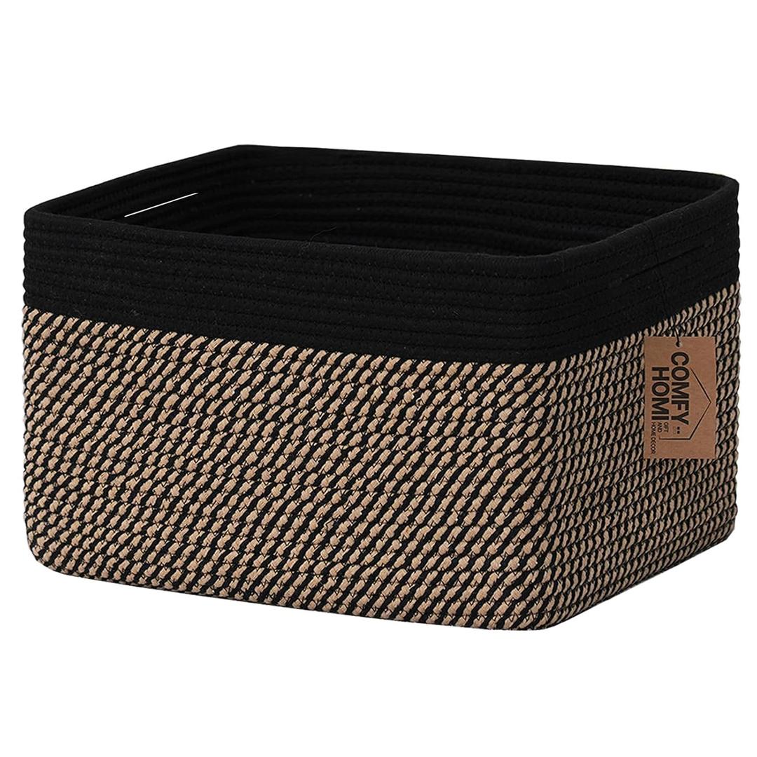 COMFY-HOMI Cotton Rope Woven Basket with Handles for Shelves, Toys, Book, Cloth Storage Baskets Bin for Organizing-13.5"x11"x9.5" Toy Decorative Organizer for Living Room, Bathroom-Black/ Jute