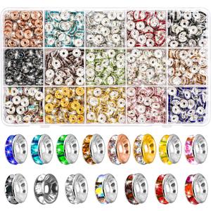 900 Pieces Rondelle Spacer Beads for Jewelry Making, 8mm Rhinestone Spacer Beads Crystal Bead Spacers for Bracelets, Focal Beads for Pen, 15 Colors
