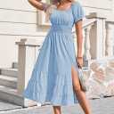 Linsery Women's Summer Square Neck Short Puff Sleeve Casual Smocked Flowy A Line Tiered Split Midi Dress (Blue, S)