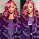 Dark Purple Ombre Lace Front Wig Human Hair Body Wave Burgundy Ombre 13x4 HD Glueless Lace Front Wigs 3 Tone Pink to Red and Purple Colored for Fashion Women 180% Density 18 Inch