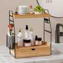 2 Tier Bathroom Counter Organizer with Drawer & Basket, Wooden Vanity Tray Countertop Shelf Accessories for Makeup Storage, Coffee Bar Station, Perfume Skincare, Kitchen, Bedroom (Brown)