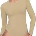Avidlove Long Sleeve Bodysuits for Women Y2K Crew Neck Body Suit Double Lined Thong Bodysuit Slimming Basic Tops (Medium, Khaki)