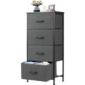 DUMOS Nightstand with 4 Drawers Bedside Table with Removable Fabric Bins Sturdy Steel Frame Wood Top Organizer Furniture for Bedroom Closet Living Room, 11.8"D x 17.7"W x 37.4"H