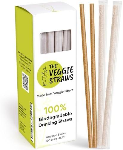 The Veggie Straws – 100 PCS of 8.25 Inches Individually Wrapped Biodegradable Straws – Made of Vegetable Fibers, Best Environment Friendly Drinking Straws for Hot and Cold Beverages