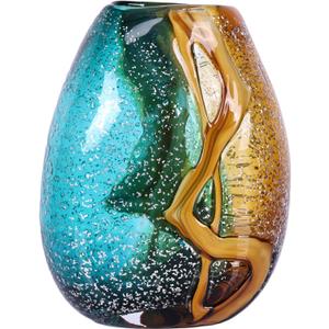 Teal Glass Vase,Hand Blown Green Glass Flower Vases Bulk,Murano Glass Vases,Unique Table Glass Decor, Flowers with Vase Decorative,Teal Vase Decor,for Bookshelf,Living Room,Office,Gift (S)