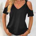 LilyCoco Womens Cold Shoulder Tops Casual Summer Short Sleeve V Neck T Shirts Black Small (Black, S)