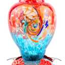 WOSIBO Hummingbird Feeder for Outdoors Patio Large 32 Ounces Colorful Hand Blown Glass Hummingbird Feeder with Ant Moat Hanging Hook, Rope, Brush and Service Card (Red-Blue)