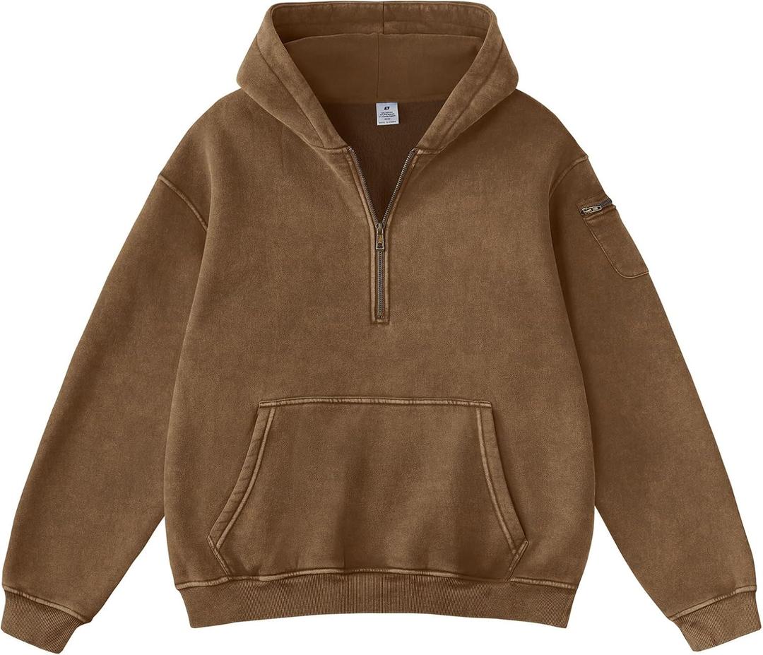 FAIABLE Men's Oversized Washed Quarter Zip Hoodie Loose Fit Pullover Sweatshirt with Pockets, Medium