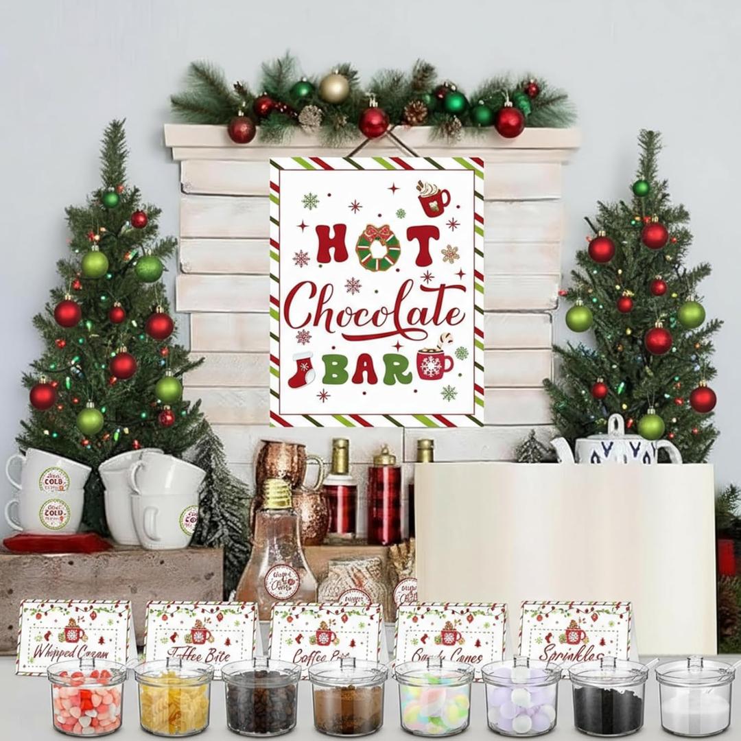 Meanplan 52 Pcs Christmas Hot Chocolate Bar Cocoa Bar Supplies 8 Acrylic Jars with Spoons 1 Hot Cocoa Stand Sign 24 Round Stickers 18 Tent Cards for Xmas Winter Party Supplies(Classic Color)