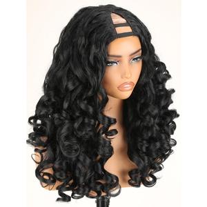 SOKU Curly V Part Wig, Synthetic Natural Black U Part Half Wigs for Black Women 22 Inch Glueless Wig Bouncy Curls Heat Resistant