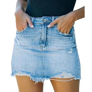 GOBLES Women's Sexy Mid Waist Zipper Closure Frayed Raw Hem Ripped Mini Denim Skirts Blue, Medium